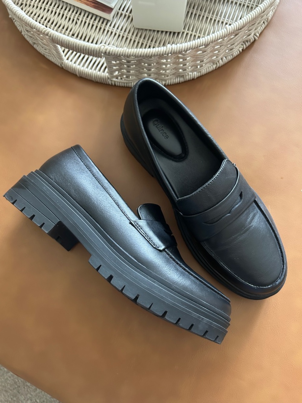 Black Leather Lug-Sole Penny Loafers - Women's - Picture 2 of 9